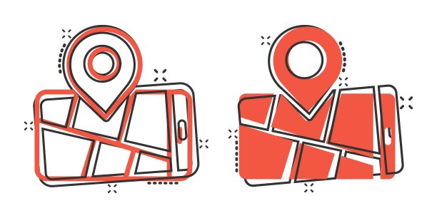 漫画风格的智能手机地图图标。手机gps导航卡通矢量插图上白色孤立的背景。定位销位飞溅效应经营理念。图片下载