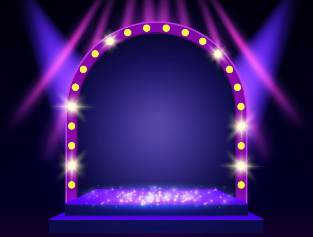 背景与蓝色窗帘，聚光灯和复古的旗帜。为展示、音乐会、展览而设计图片下载