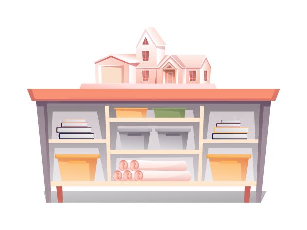 设计室桌子上的房子模型。现代商业工作场所元素矢量插图。创造性工作的空间，桌子上摆满了盒子，书籍，纸卷，建筑图片下载