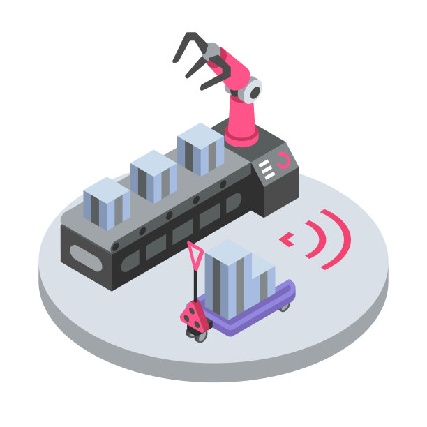 机械机器人手臂等距彩色矢量插图。输送线、制造工艺。工厂智能技术，仓库装载机遥控3d概念隔离在白色背景图片下载