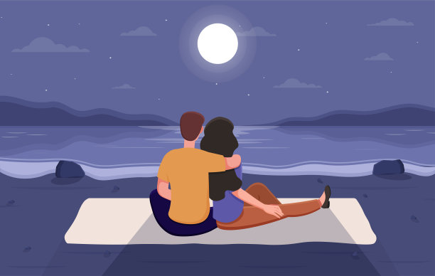 一对情侣在沙滩上浪漫约会图片下载