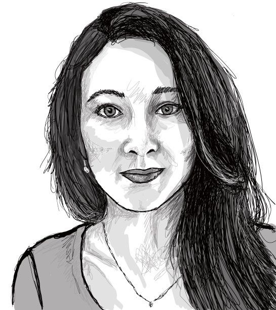 年轻女子的肖像与长发黑白插图。图片下载