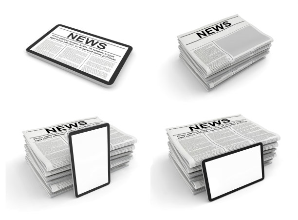 白色背景上的报纸和平板电脑。新闻页面模板的空白。图片下载