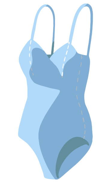 女子泳衣，蓝色连体泳衣。手绘矢量股票插图。彩色卡通剪贴画孤立在白色。单一元素的设计，印刷，装饰，卡片，贴纸，横幅，标志图片下载