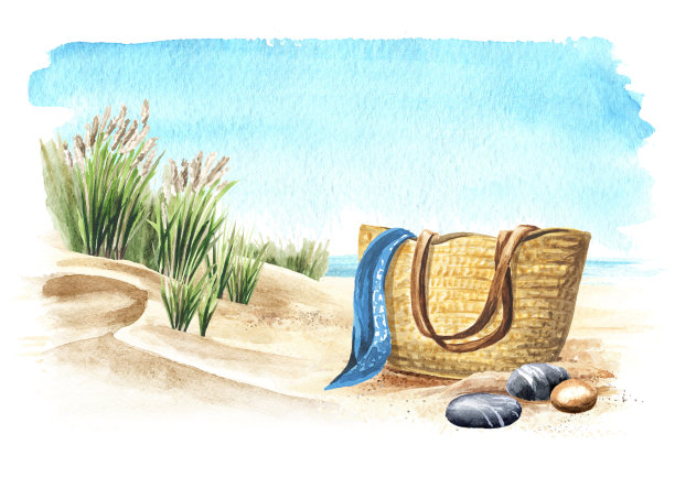 沙滩上的柳条袋上的沙子以海岸沙丘为背景。手绘水彩插图图片下载