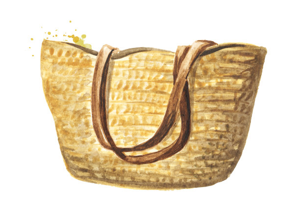 柳条沙滩包。手绘水彩插图孤立的白色背景图片下载