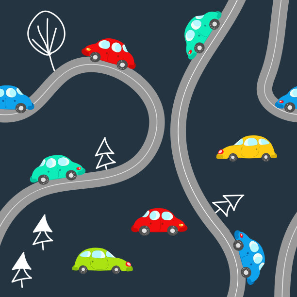 无缝模式与可爱的汽车在蓝色背景。Cartoot运输。矢量插图。涂鸦风格。为婴儿印刷设计，邀请，海报，卡片，织物，纺织品图片下载