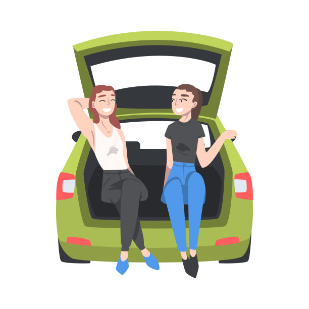 女性朋友坐在汽车后备箱拍摄图片矢量插图图片下载