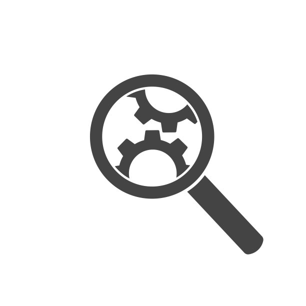 矢量齿轮工具搜索放大镜图标上的白色孤立背景。图片下载