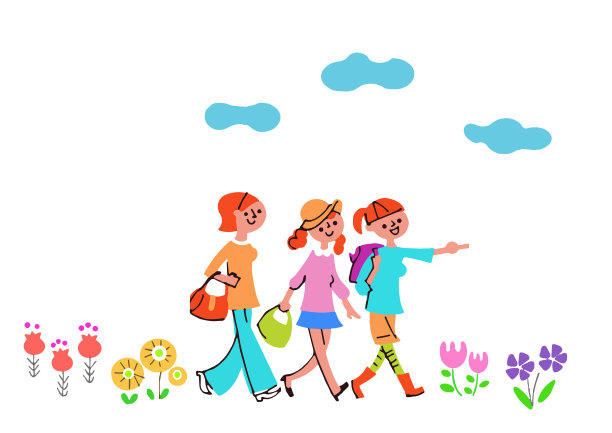 三个女人微笑着走在花圃里图片下载