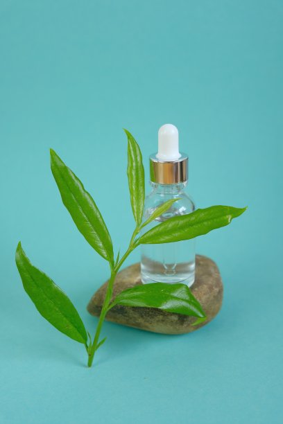 面对血清。天然有机植物血清。草药天然素食化妆品概念。透明的瓶子在石头和绿色的枝在绿松石光的背景。美丽健康理念图片下载