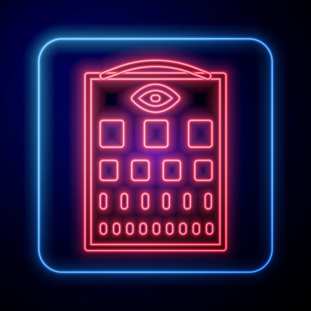 发光氖气眼测试表图标孤立在蓝色背景。眼科研究中视力测试海报。斯内伦视力表。向量图片下载