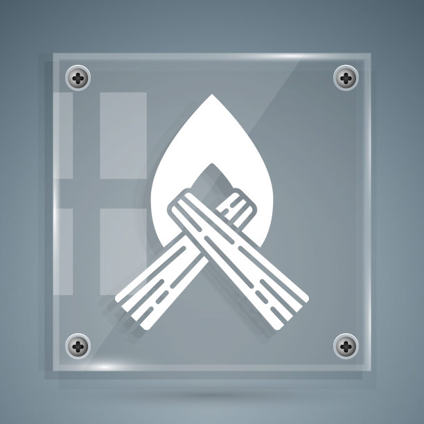 白色篝火图标孤立在灰色背景。用木头点燃篝火。方形玻璃面板。向量图片下载