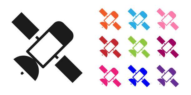 在白色背景上隔离的黑色卫星图标。设置图标丰富多彩。向量图片下载