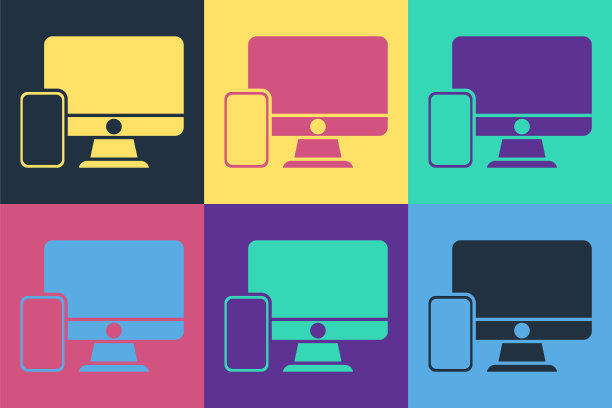 流行艺术电脑显示器和手机图标隔离在彩色背景。互联网收益，市场营销。向量图片下载