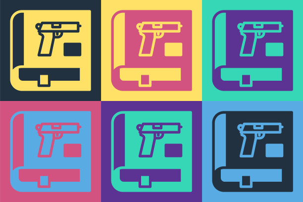 波普艺术书手枪或枪的图标孤立的颜色背景。警用或军用手枪。小型武器。武器目录。向量图片下载