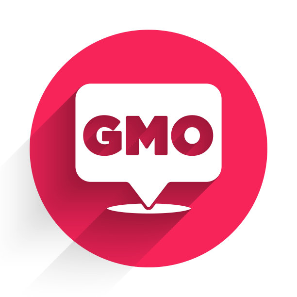 白色转基因图标与长阴影隔离。转基因生物的缩写。Dna食品修改。红色圆圈按钮。向量图片下载