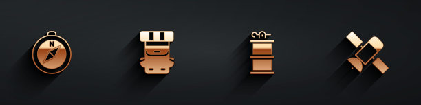 设置指南针，徒步背包，手烟雾手榴弹和卫星图标与长影子。向量图片下载