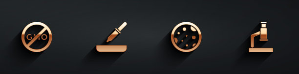 设置无转基因，移液管，带有细菌的培养皿和带有长阴影的显微镜图标。向量图片下载