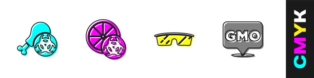 设置转基因研究鸡，转基因橙，实验室眼镜和转基因图标。向量图片下载