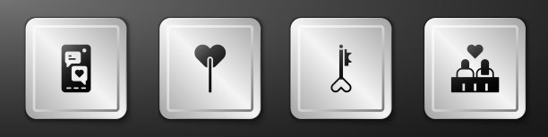 Set Mobile with heart, Lollipop, Key in shape and Couple love icon。银广场按钮。向量图片下载