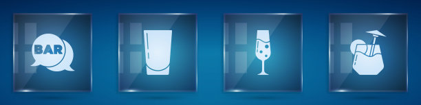 设置街道招牌酒吧，玻璃水，香槟和鸡尾酒。方形玻璃面板。向量图片下载