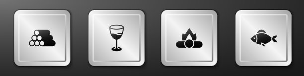 设置原木，酒杯，篝火和鱼的图标。银广场按钮。向量图片下载