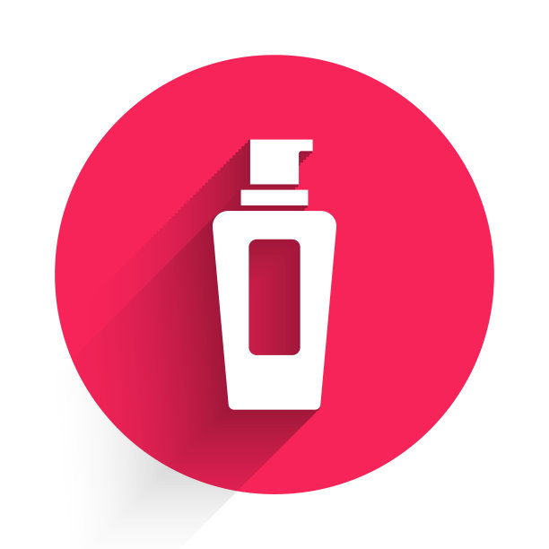 白色瓶子的洗发水图标孤立与长阴影。红色圆圈按钮。向量图片下载