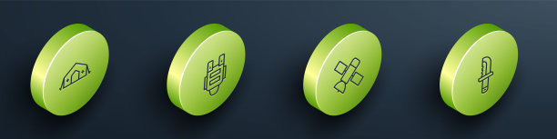 军用医疗帐篷，防弹背心，卫星和刀的图标。向量图片下载