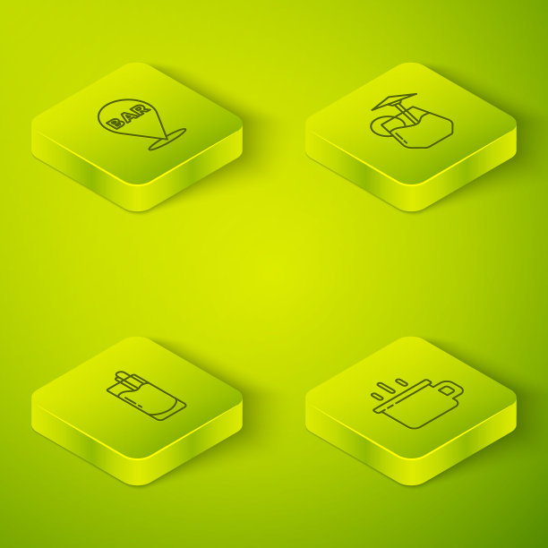 设置等距线鸡尾酒，血腥玛丽，咖啡杯和酒精酒吧的位置图标。向量图片下载