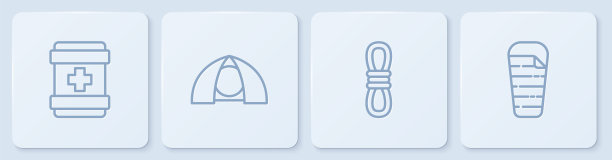急救绳、登山绳、旅游帐篷、睡袋。白色正方形按钮。向量图片下载