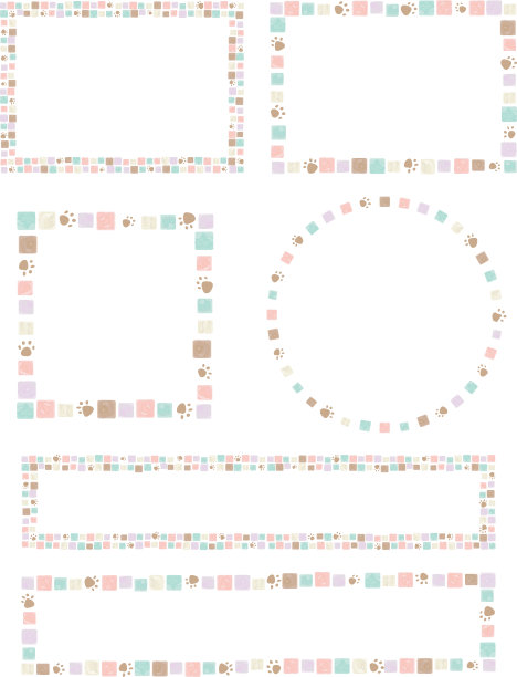 一套水彩方形图案和爪印框架马赛克瓷砖图片下载