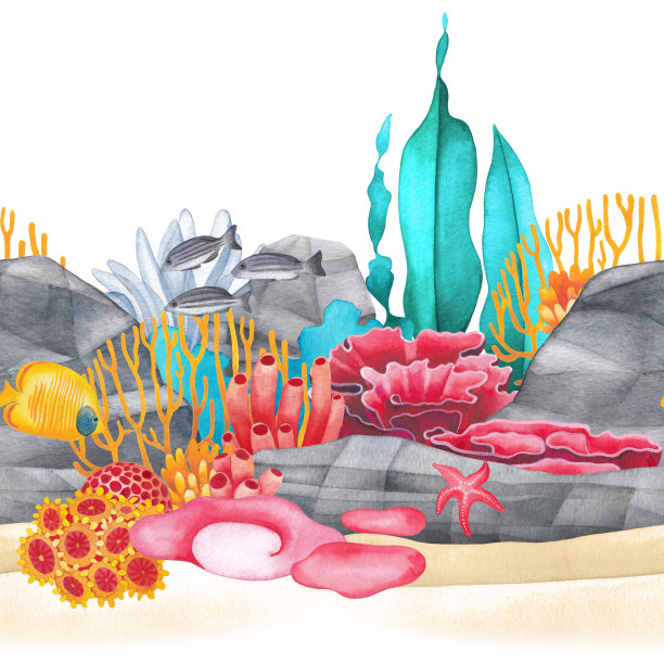 水彩海底的沙质岩石，珊瑚礁植物和生物图片下载