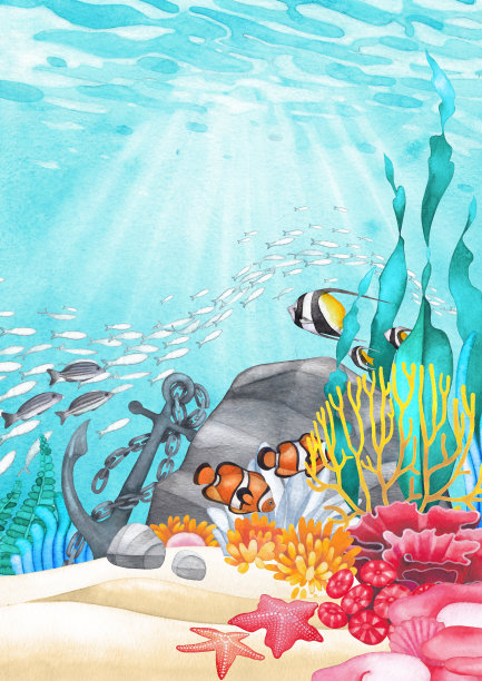 水下场景与手绘水彩珊瑚礁图片下载