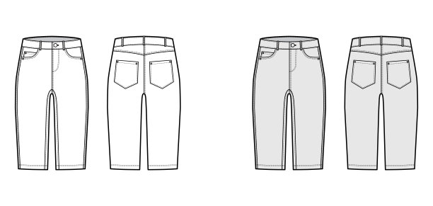牛仔短裤技术时尚插画与膝盖长度，低腰，上升，弯曲，硬币，角度5个口袋图片下载