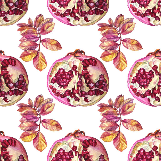 无缝模式水彩红石榴的种子，橙色的叶子，浆果在白色的背景。艺术创意石榴石对象菜单图片下载
