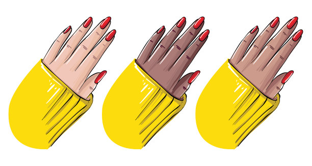 手指甲新修指甲，红色指甲油封面艺术。女人手在不同的皮肤显示新的美容程序向量。水疗沙龙，治疗，预约图片下载