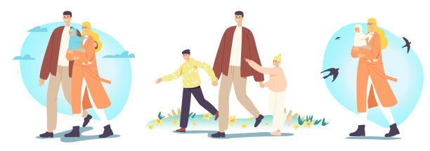 幸福家庭人物在春天散步。父亲牵着孩子的手，母亲和孩子一起在户外度过时光图片下载