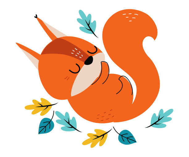 可爱的红色松鼠与浓密的尾巴睡觉在森林树叶矢量插图图片下载