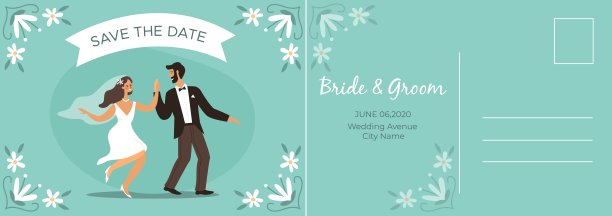 婚礼的明信片。幸福的夫妇新娘和新郎跳舞，浪漫的卡片与爱人，信件模板与花卉背景上的拷贝空间，邀请和问候平面矢量现代卡通插图图片下载
