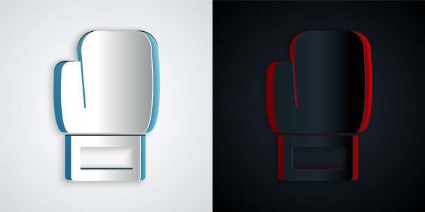 剪纸拳击手套图标孤立在灰色和黑色背景。纸艺术风格。向量图片下载