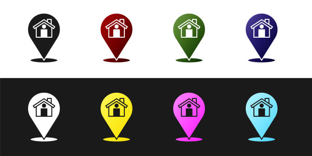 设置地图指针与房子图标隔离在黑色和白色的背景。起始位置标记符号。向量图片下载