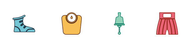 设置运动拳击鞋，浴室秤，响铃和拳击短图标。向量图片下载