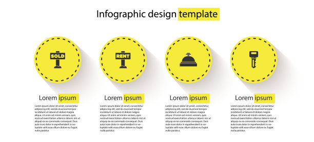 挂有“出售”、“出租”、“酒店服务铃”和“房间钥匙”字样的招牌。业务信息模板。向量图片下载