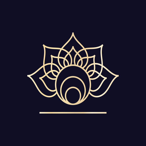 向量的金色标志上，其中一个抽象的形象荷花与月亮和太阳在底部。图片下载