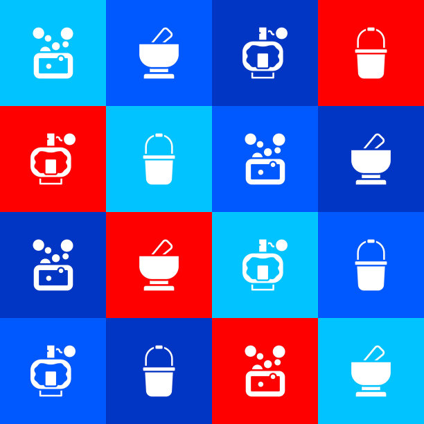 香皂，研钵和杵，须后水和桑拿桶图标。向量图片下载