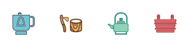 茶包杯，木斧，壶柄，桑拿桶图标。向量图片下载