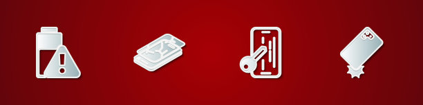 设置智能手机电池充电，手机破碎屏幕，玻璃保护器和防震图标。向量图片下载