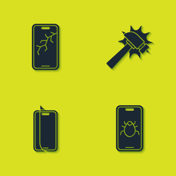 设置移动破碎屏幕，系统错误的移动，玻璃保护和锤子图标。向量图片下载