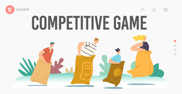 跳在袋。麻袋赛跑登陆页面模板。快乐家庭人物母亲，父亲和孩子夏季比赛图片下载